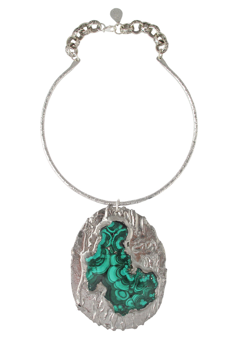 One of a Kind Malachite Pendant Rhodium Necklace