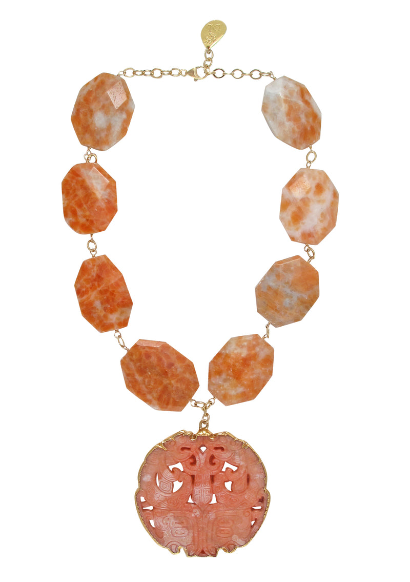 Sunstone Pink Jade in Gold Foil Pendant Necklace