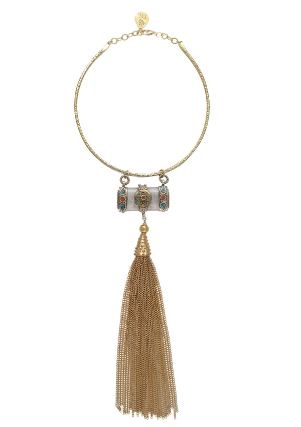 Ethnic Accent Gold Tassel Gold Bar Necklace