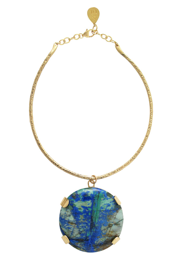 Large Statement Azurite Pendant Necklace with 18k Gold