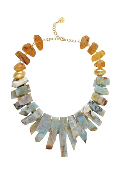 Beautifully crafted, this Amazonite Slab Amber Gold Accent Necklace is sure to impress. Showcasing large raw Amazonite slabs, rough amber beads, and 18K Gold Plated Nepalese bead accents, this necklace is accentuated with a 24K Gold Electroplated Chain.