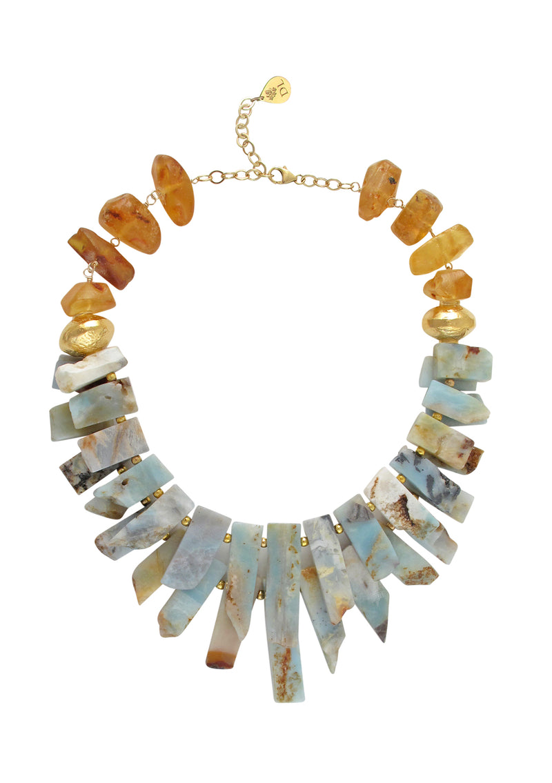 Beautifully crafted, this Amazonite Slab Amber Gold Accent Necklace is sure to impress. Showcasing large raw Amazonite slabs, rough amber beads, and 18K Gold Plated Nepalese bead accents, this necklace is accentuated with a 24K Gold Electroplated Chain.