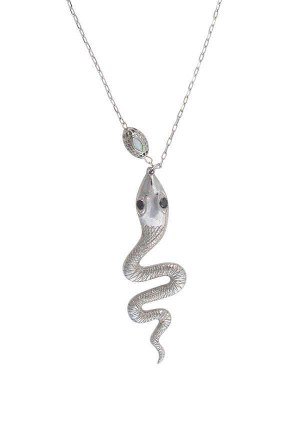 Diamond Illusion Rhodium Snake Pendant Necklace
