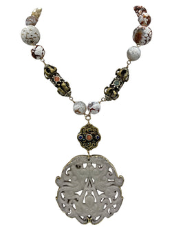 White and Brown Agate, Ethnic Accent, Carved Jade Pendant Necklace
