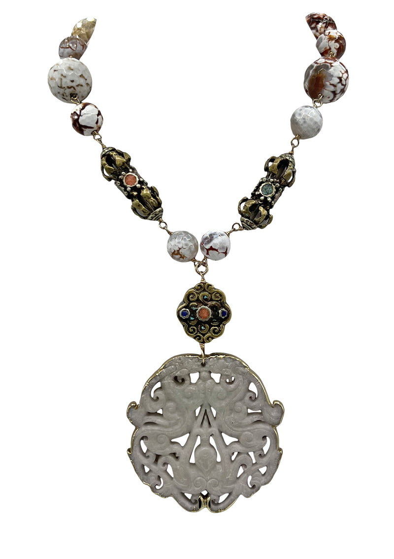 White and Brown Agate, Ethnic Accent, Carved Jade Pendant Necklace