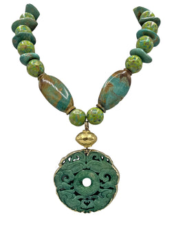 Turquoise, Green Turquoise, Gold Accent, Carved Jade Pendant Necklace