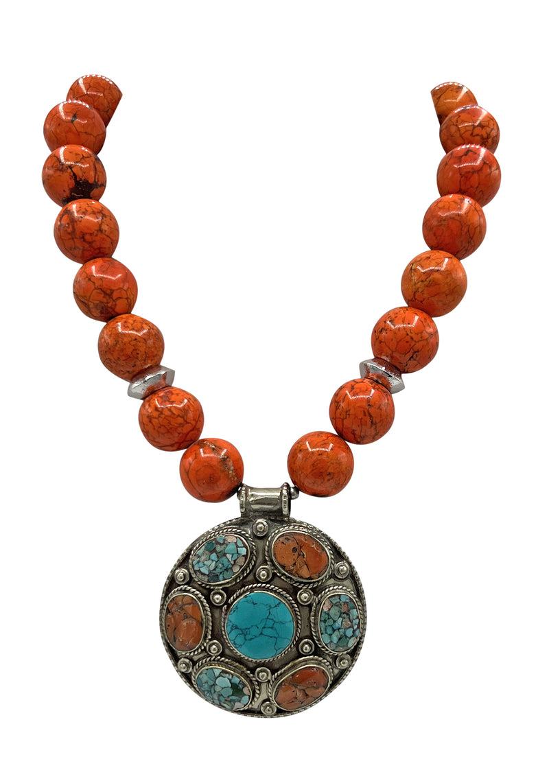 Orange Howlite Turquoise Coral Tibetan Silver Pendant Necklace
