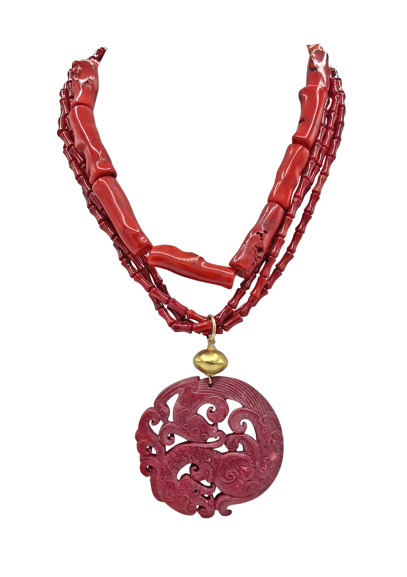 Red Bamboo Coral Carved Jade Pendant Necklace