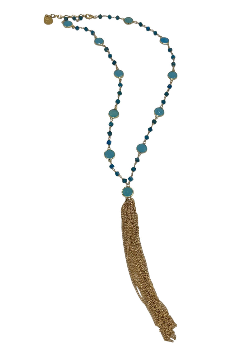 Blue Chalcedony Bezel Gold Tassel Necklace