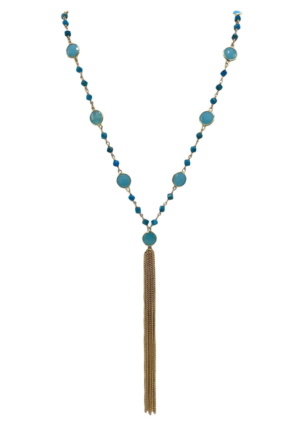 Blue Chalcedony Bezel Gold Tassel Necklace