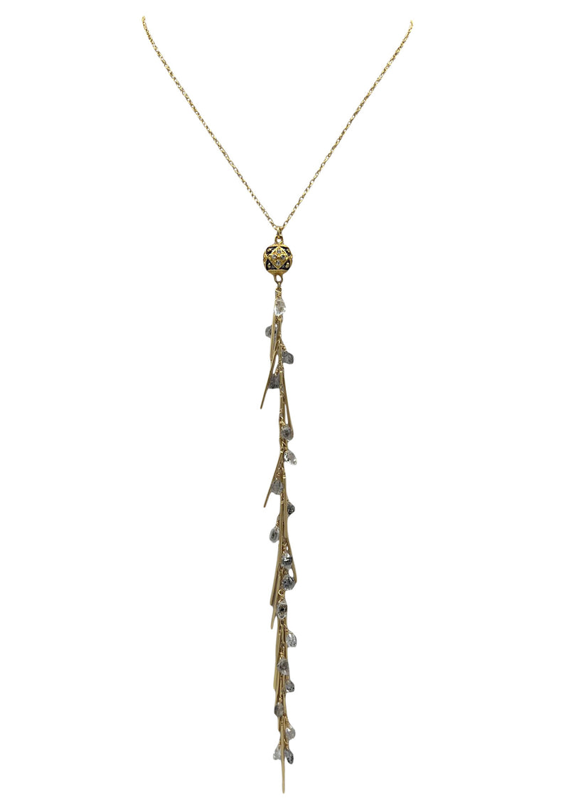 Diamond Illusion and Herkimer Raw Diamond Gold Spike Tassel Necklace