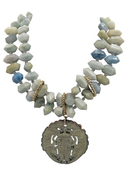 Aquamarine and Ammonite with Carved Jade Pendant Necklace