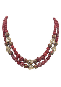 Tibetan Red Coral Gold Accent Double Strand Necklace