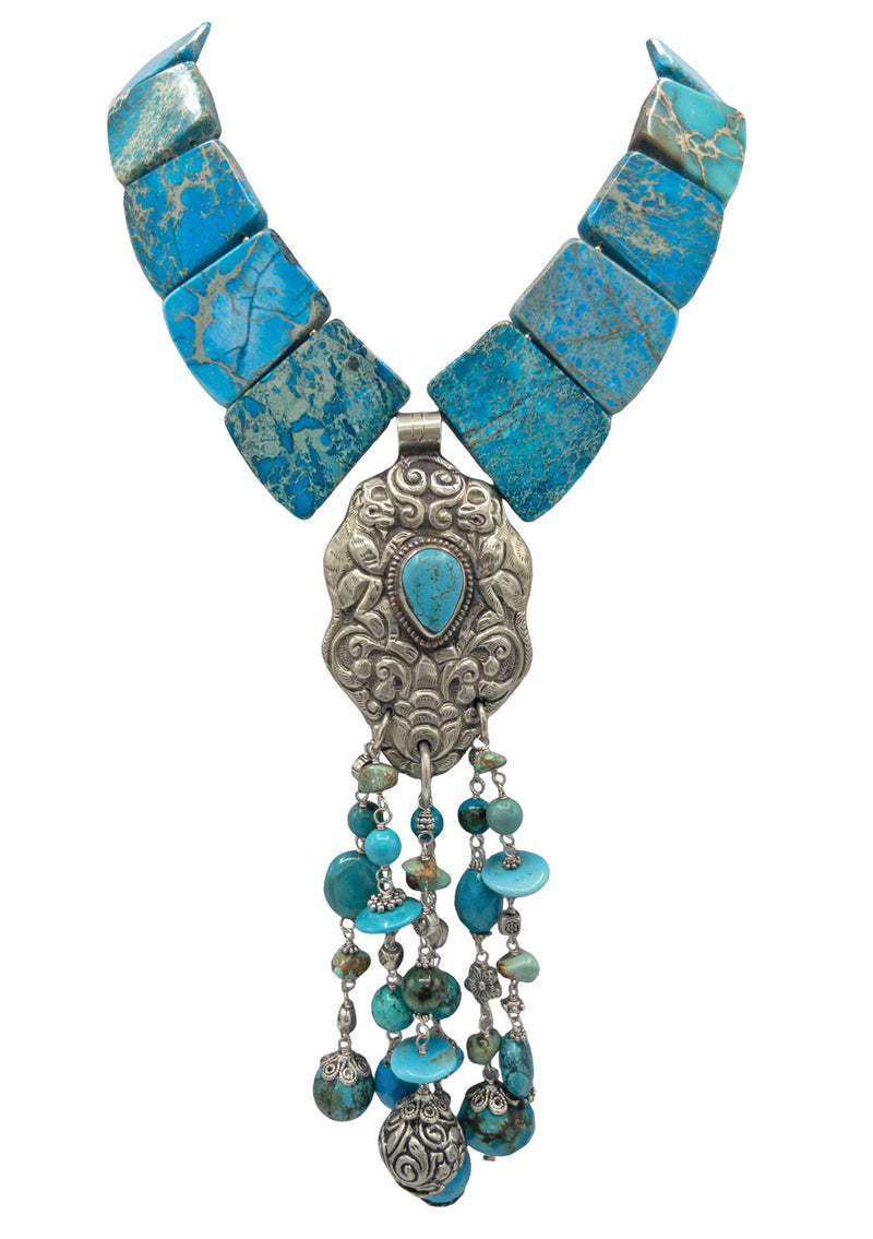 Imperial Jasper Turquoise and White Brass Pendant Necklace