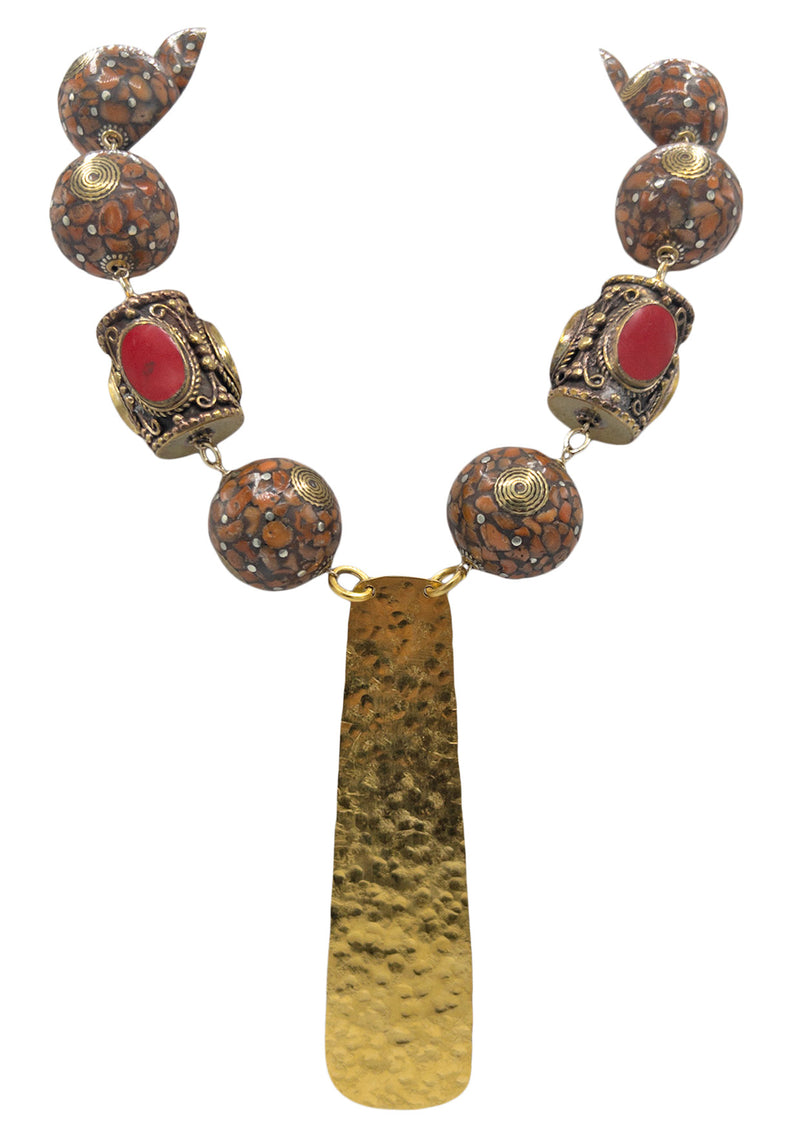 Coral and Brass Ethnic Hammered Gold Pendant Necklace