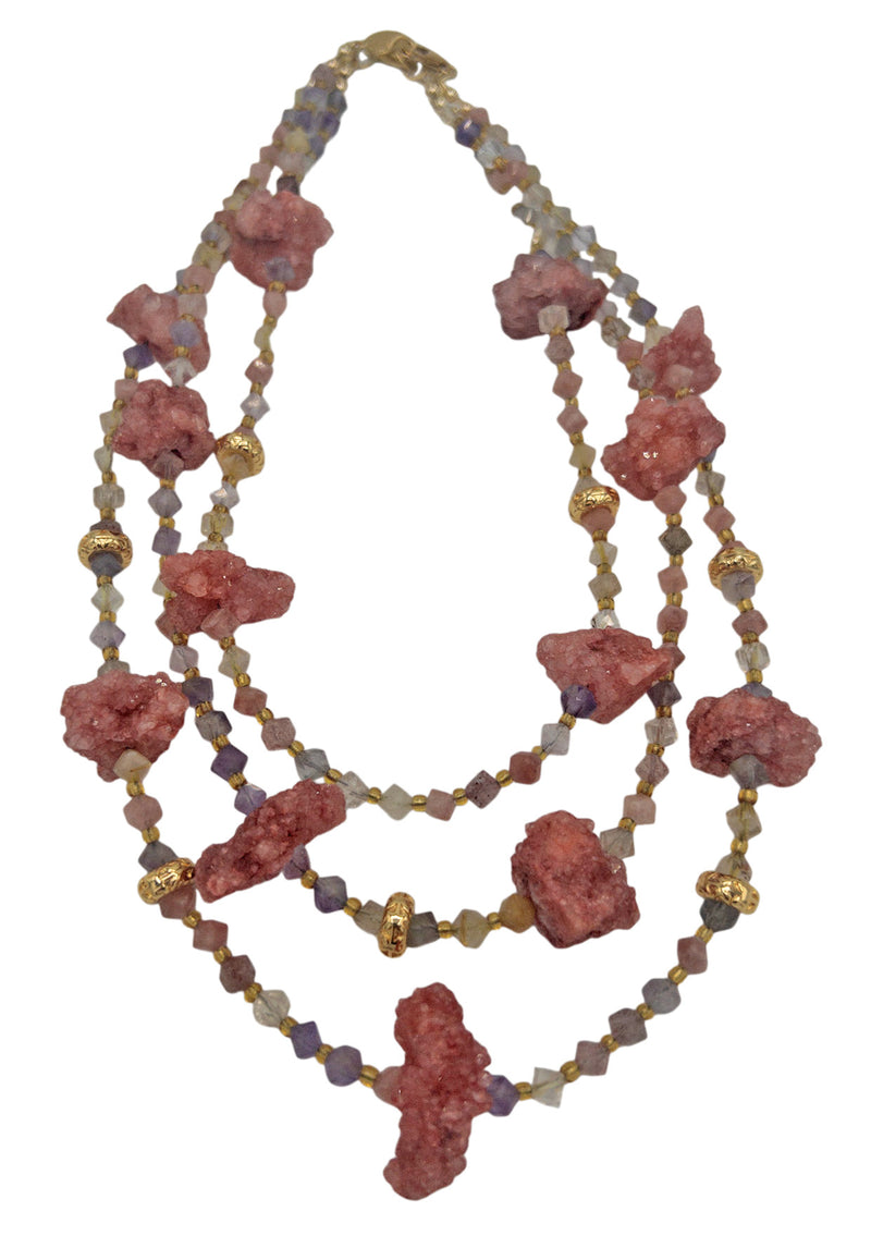 Pink Drusy Pastel Gold Multi Strand Necklace