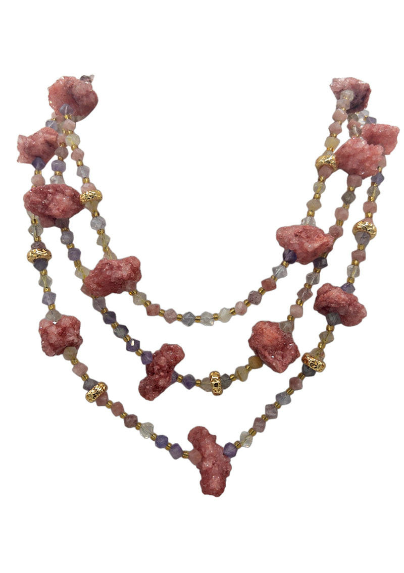 Pink Drusy Pastel Gold Multi Strand Necklace