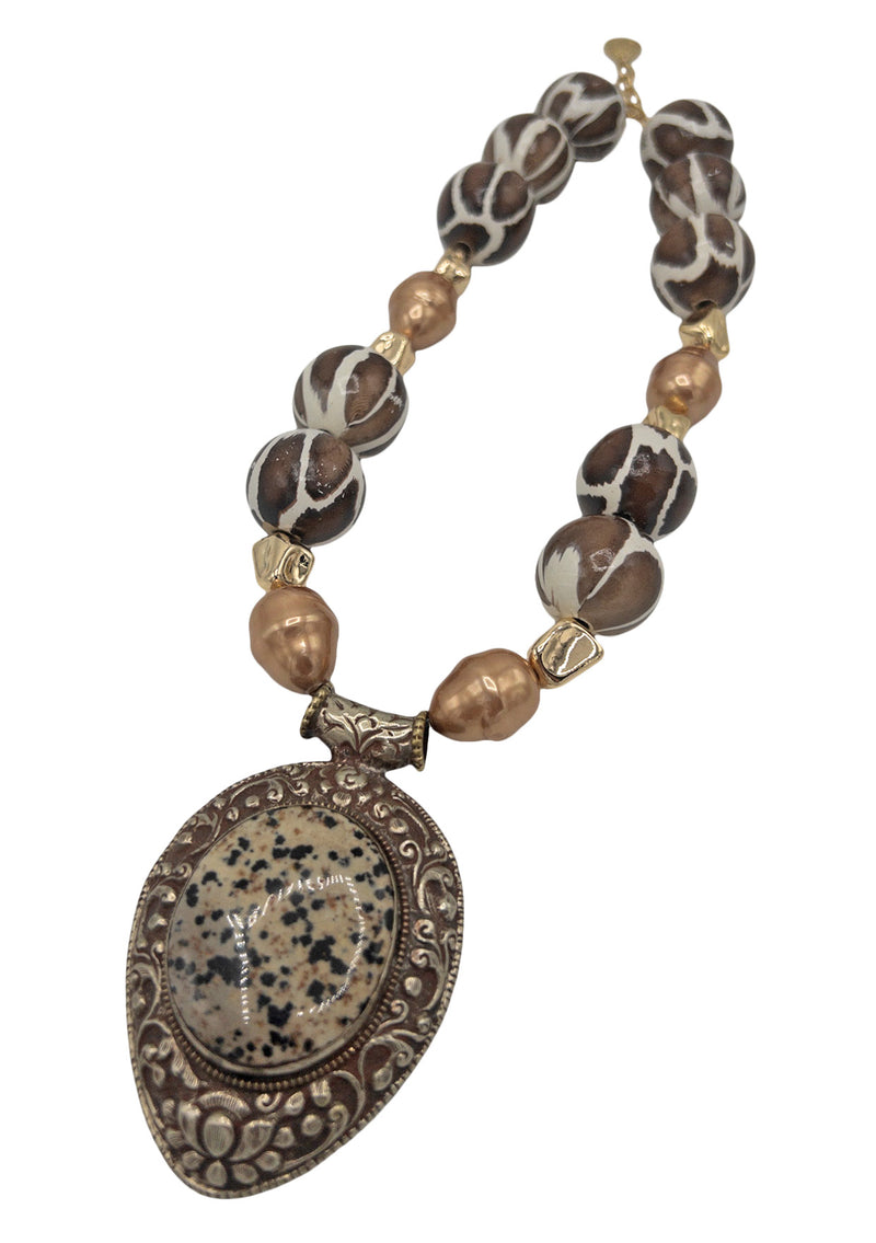 Bronze Freshwater Pearl Animal Print Ethnic Medallion Necklace