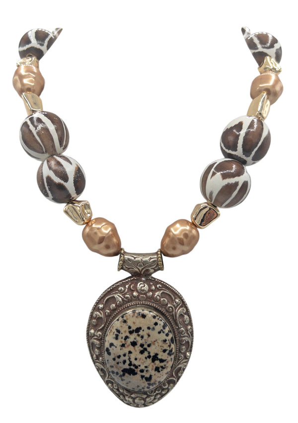 Bronze Freshwater Pearl Animal Print Ethnic Medallion Necklace