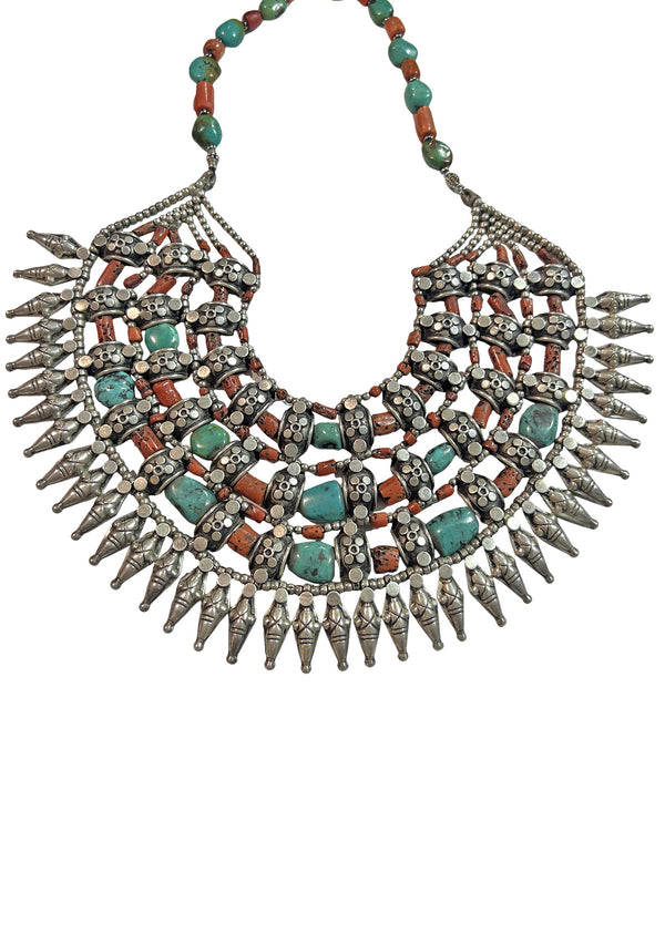 One of a Kind Turquoise Coral Sterling Silver Tibetan Necklace