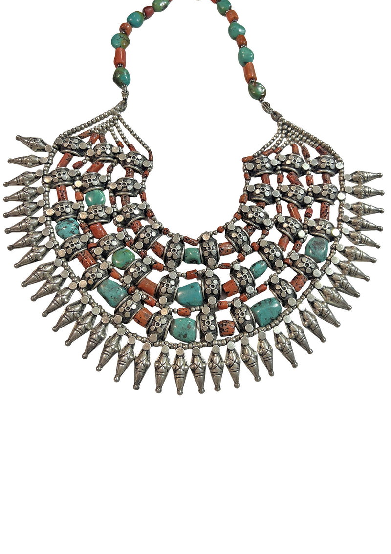 One of a Kind Turquoise Coral Sterling Silver Tibetan Necklace