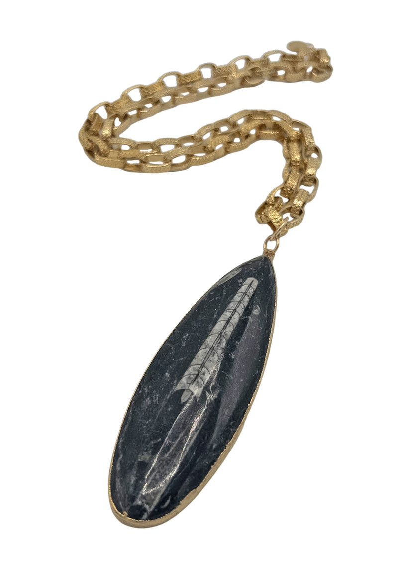 Fossilized Shell Stone in Gold Foil Pendant Necklace