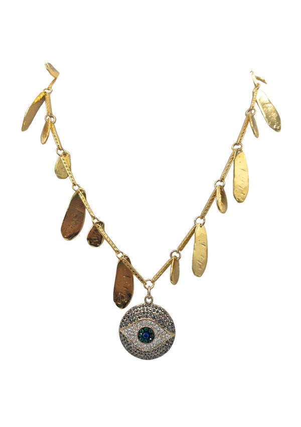 Gold Leaf Diamond Illusion Evil Eye Pendant Necklace