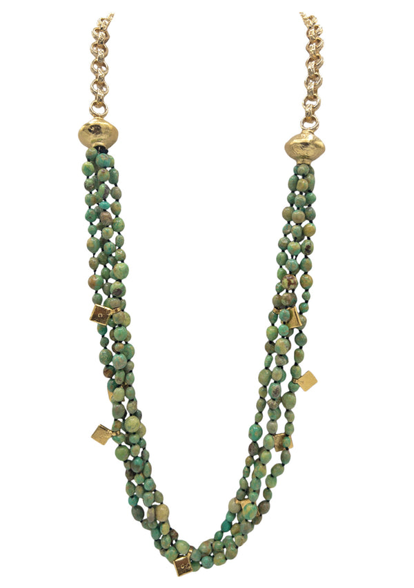 Natural Green Turquoise Gold Accent Long Necklace
