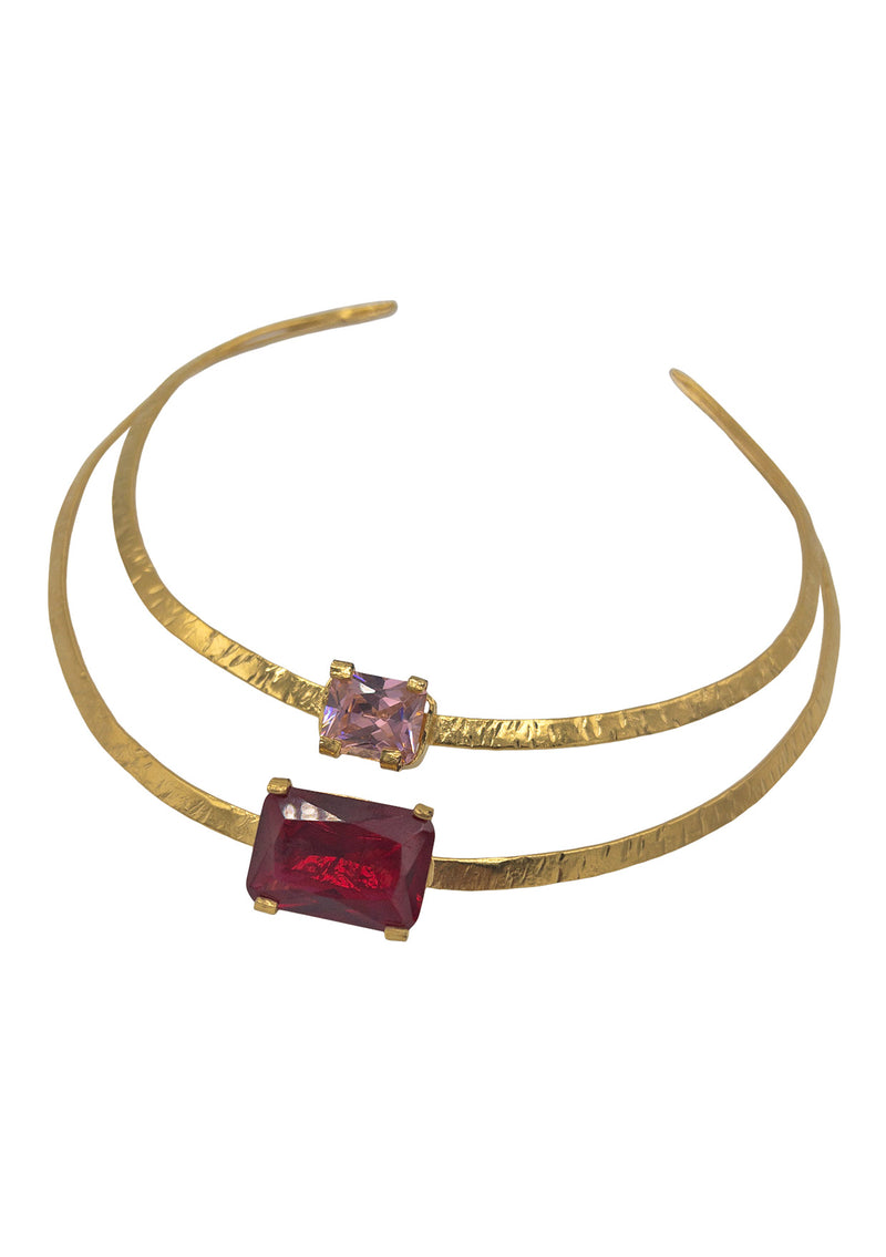 Gold Double Row Pink and Red Collar Necklace