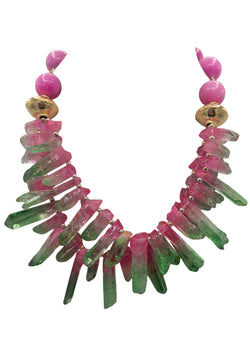 Pink Jasper Watermelon Spikes Gold Accent Necklace