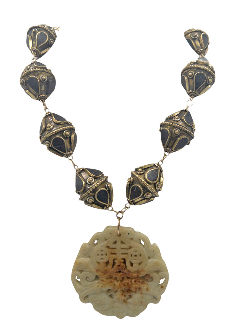 Ethnic Brass Beads Carved Jade Pendant Necklace