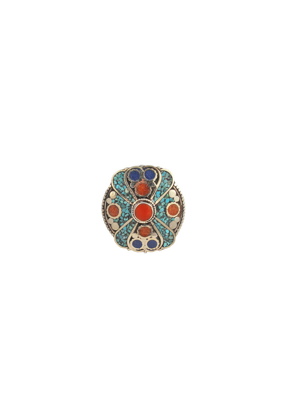 Turquoise Coral Lapis White Brass Ethnic Ring