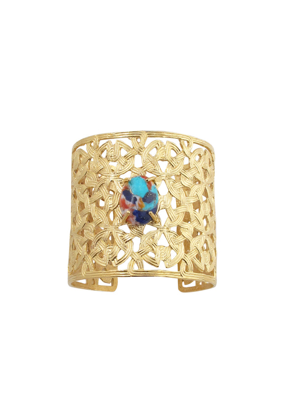 Turquoise Lapis Spiny Oyster Accent Gold Weave Cuff