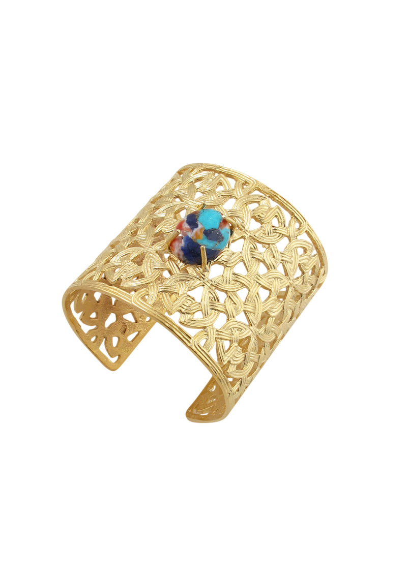 Turquoise Lapis Spiny Oyster Accent Gold Weave Cuff